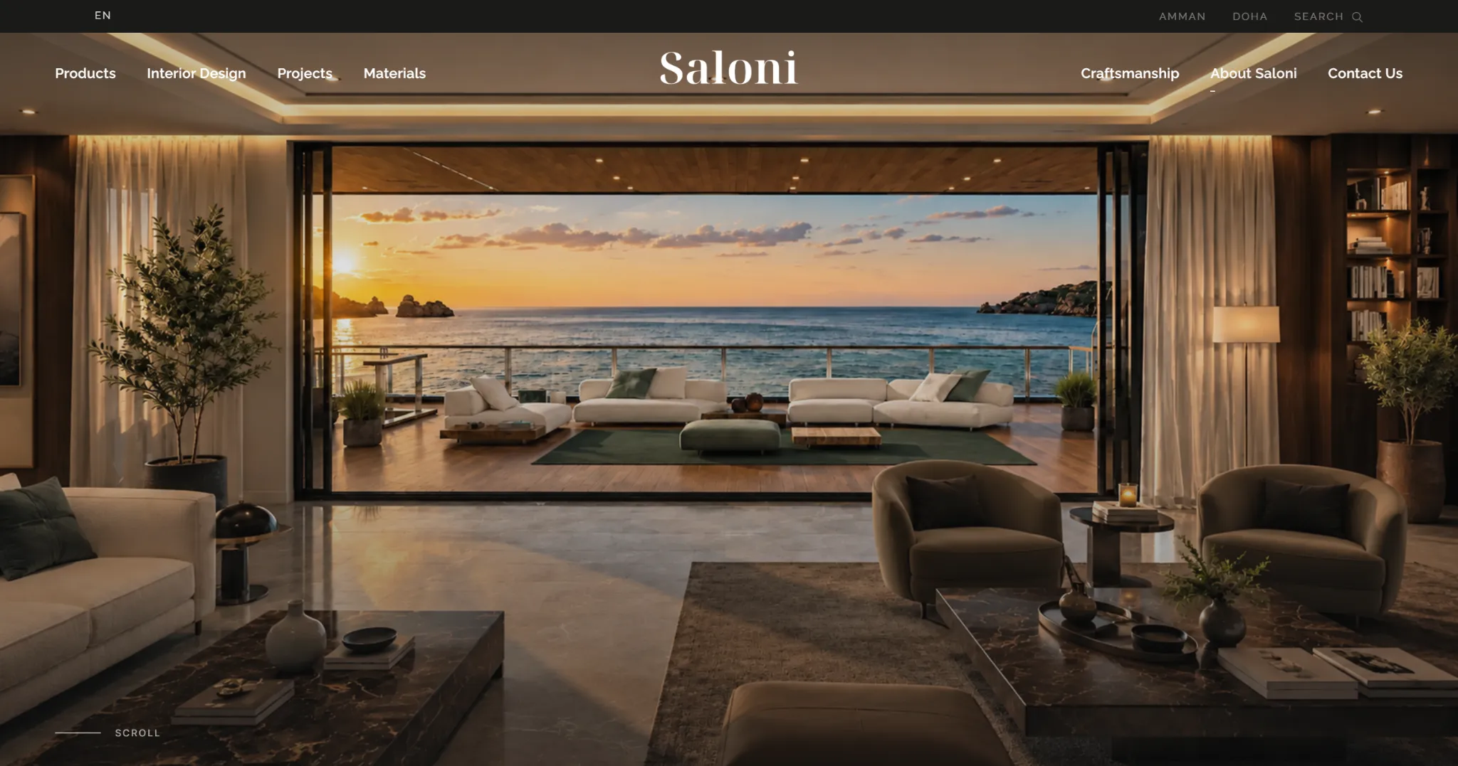 The Saloni furniture website showing a curated product catalogue with custom-order functionality.