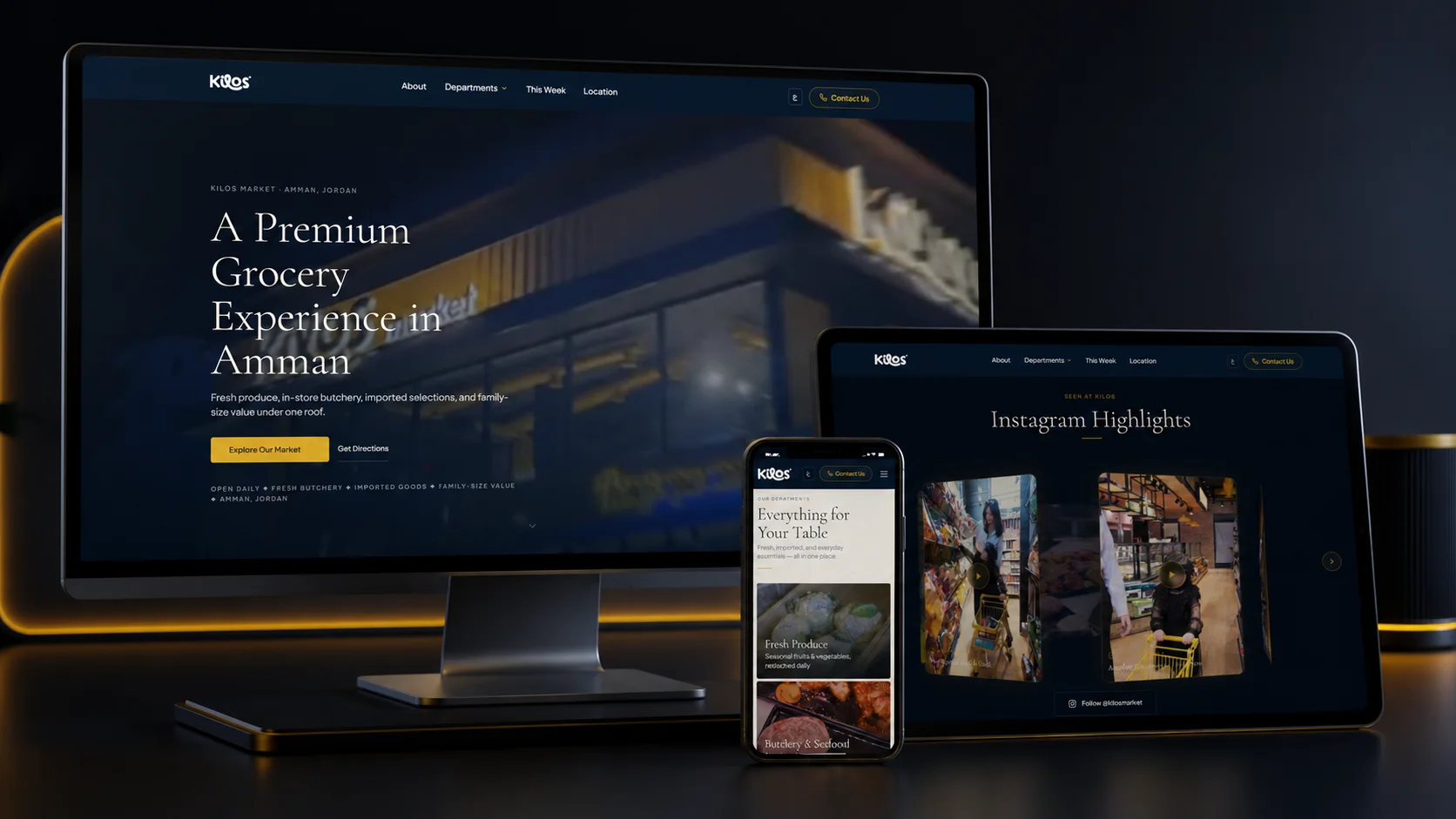 The Kilos supermarket website showing the homepage hero and product browsing experience.